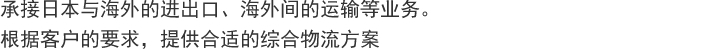 承接日本与海外的进出口、海外间的运输等业务。根据客户的要求，提供合适的综合物流方案